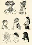 Moldvai hajviseletek és fejrevalók: 32. Nagylányok ünnepi hajékei (Kalugar), 33–34. Menyasszonyi fejék: lapas kócina (Kalugar), 35. Menyasszonyi hajék változata (Bogdánfalva), 36. A tulpán (színes fejkendő) megkötése nyáron (Jugán), 37. A tulpán megkötése